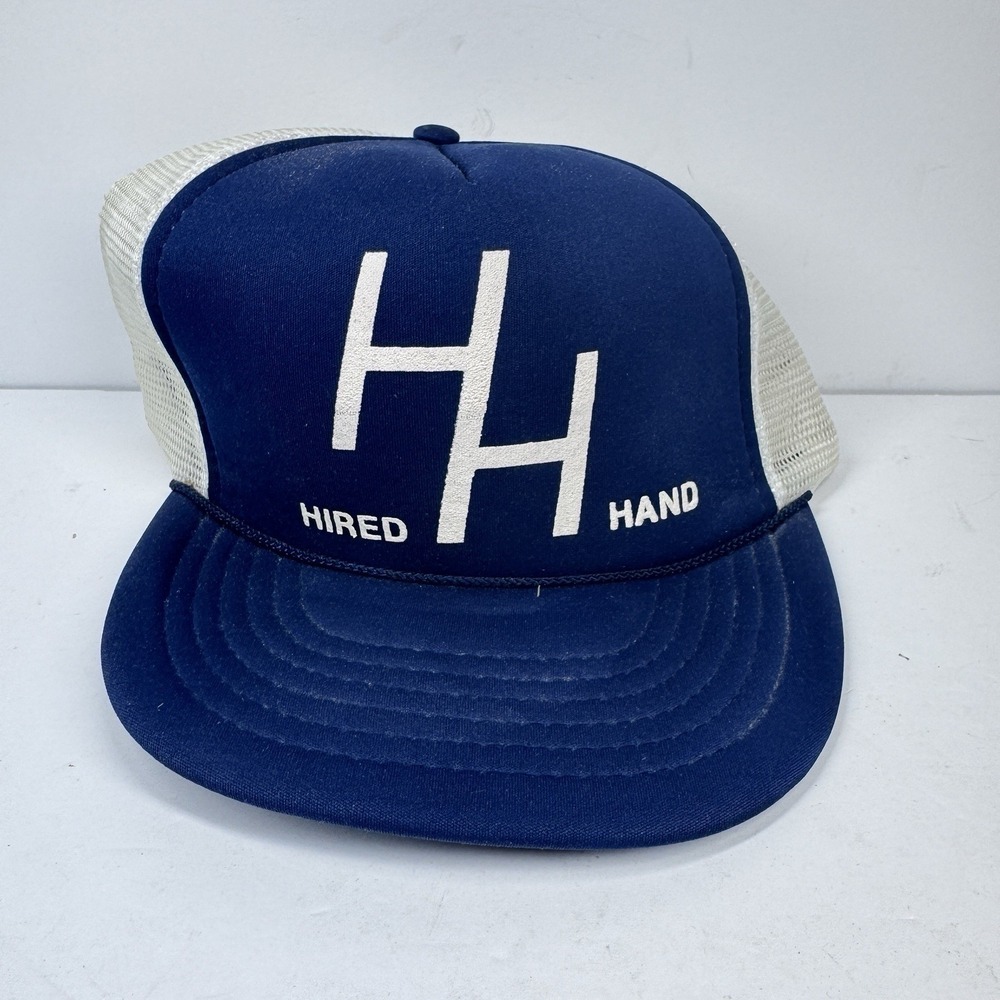 Vintage Hired Hand HH Mesh Snapback Trucker Hat‎ Blue White Farm Cap
